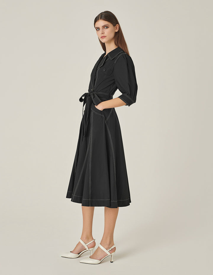 MARYLING Lapel Puff-Sleeve Double-Breasted Wrap Dress