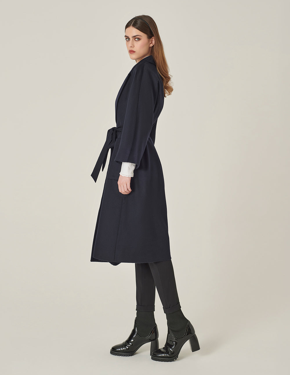 MARYLING Lapel Wrap A-Line Silhouette Silk-Cashmere Coat