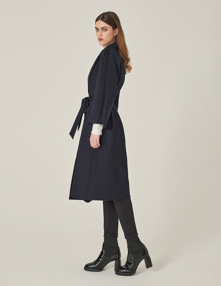 MARYLING Lapel Wrap A-Line Silhouette Silk-Cashmere Coat