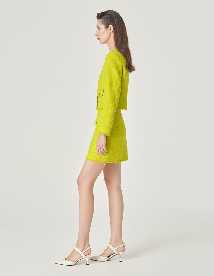 MARYLING Bright Yellow Contrast Button Tweed Skirt