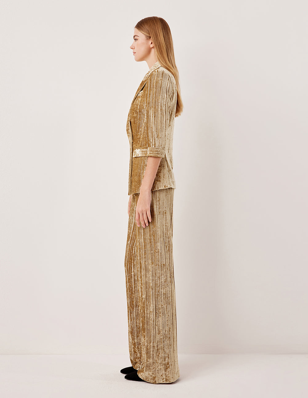 MARYLING Peak Lapel Double-Breasted 3/4 Sleeve Golden Velvet Blazer