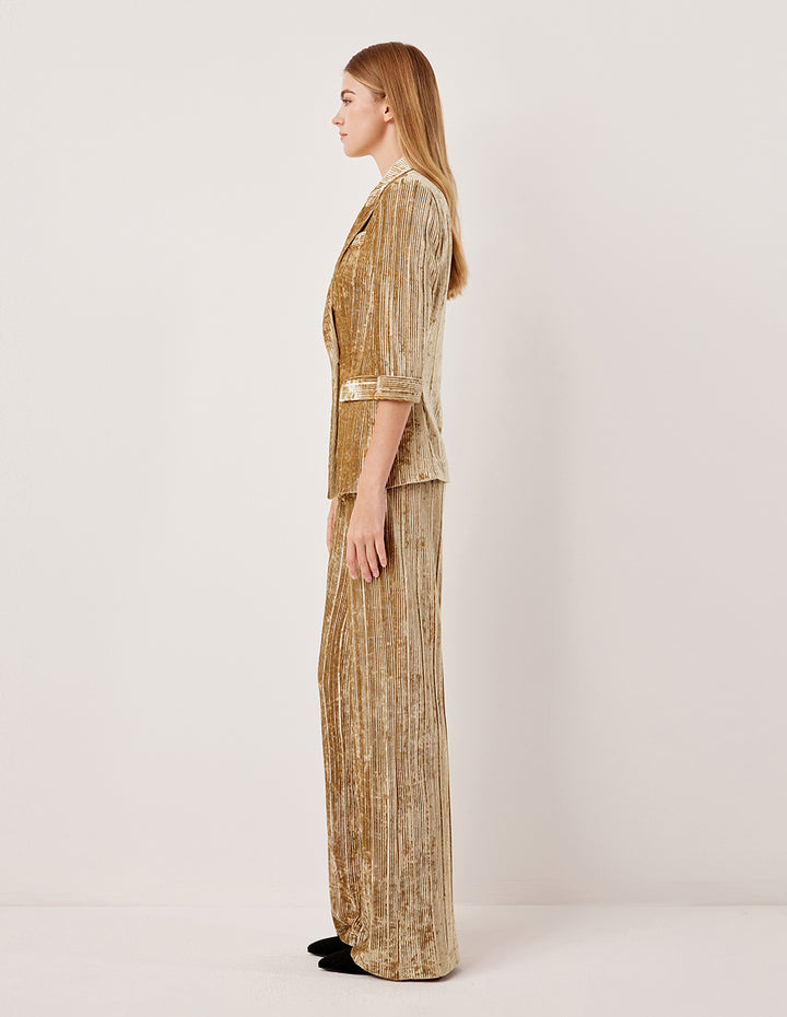 MARYLING Peak Lapel Double-Breasted 3/4 Sleeve Golden Velvet Blazer