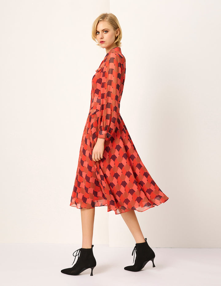MARYLING Red Houndstooth Print Midi Shirt Dress