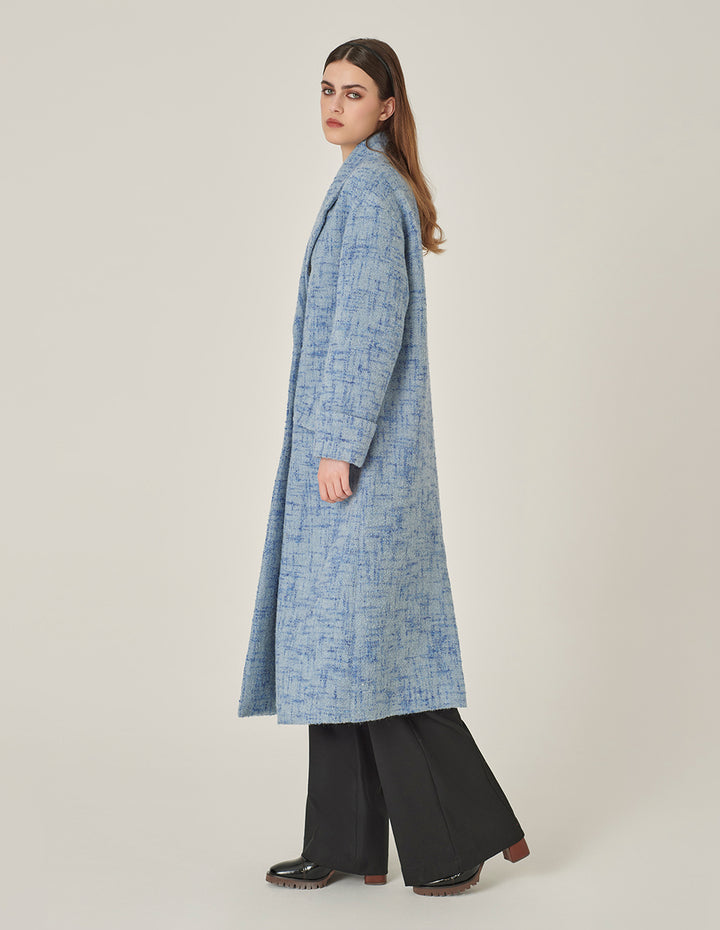 MARYLING Blue Loose Double-Breasted Long Tweed Wool Coat