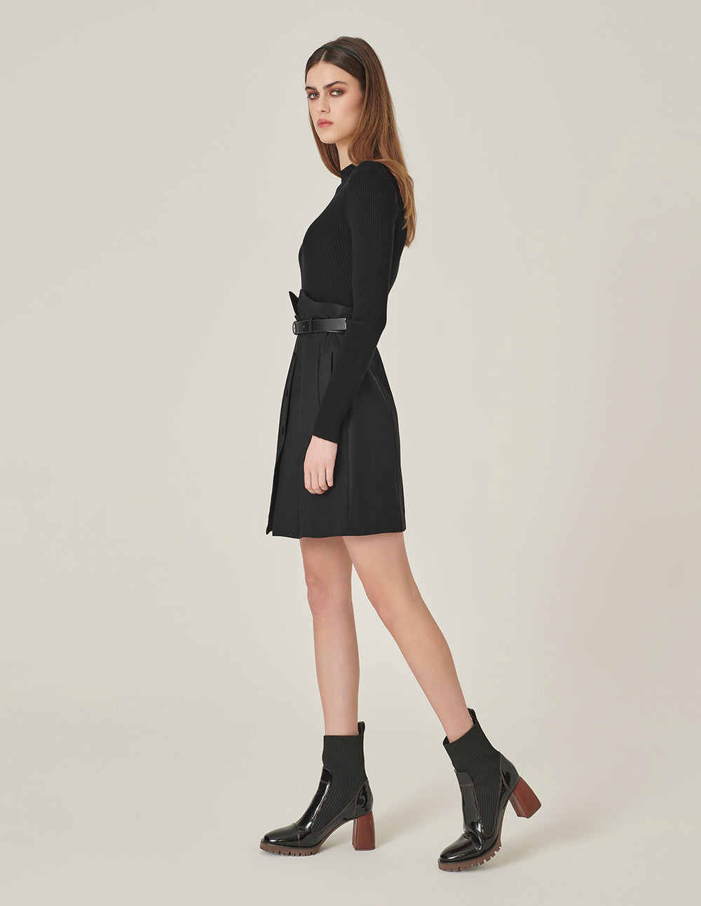 MARYLING Black Faux Wool Knit Slit Dress