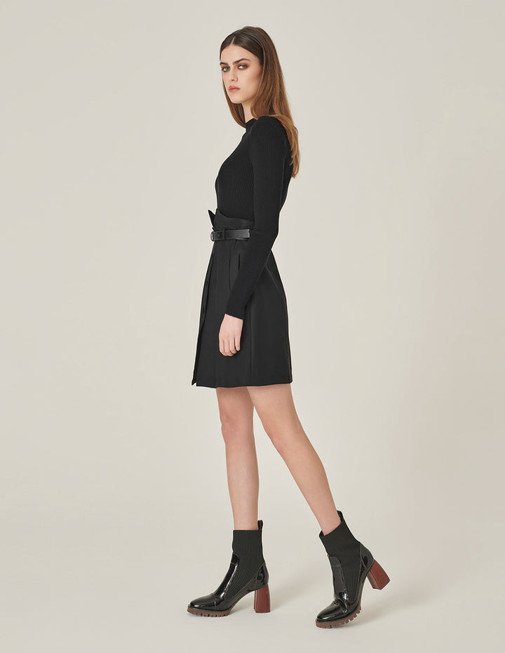 MARYLING Black Faux Wool Knit Slit Dress