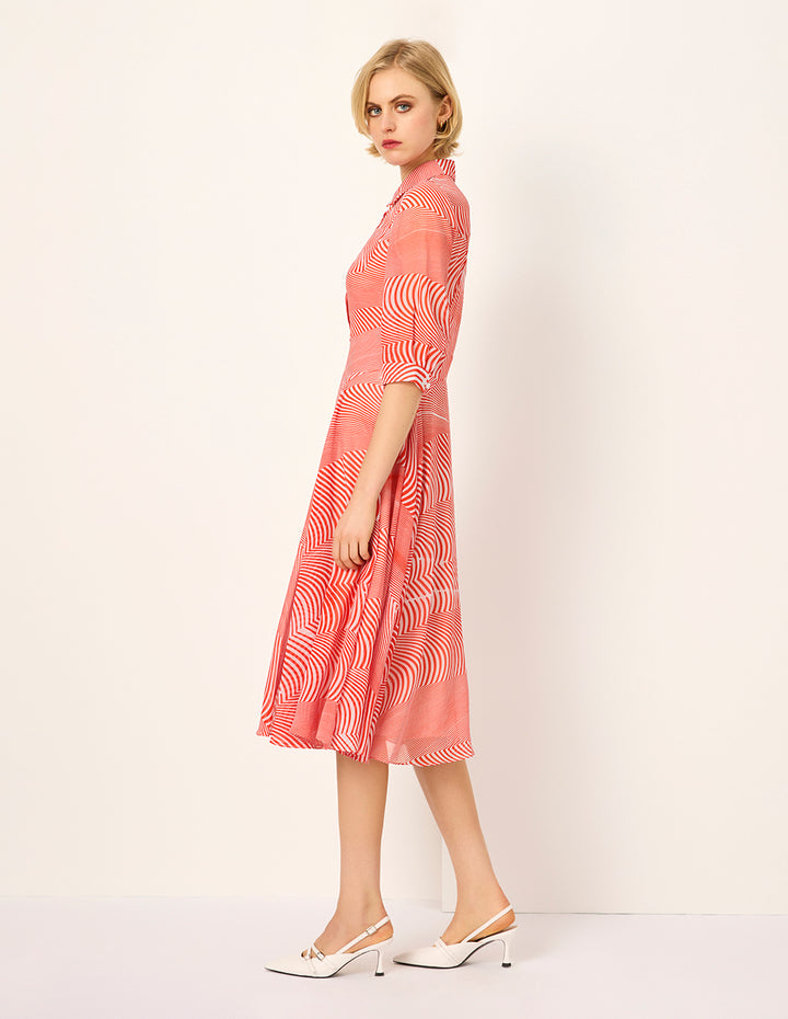 MARYLING Half-Sleeve Striped-Print Pleated Midi Shirt Dress