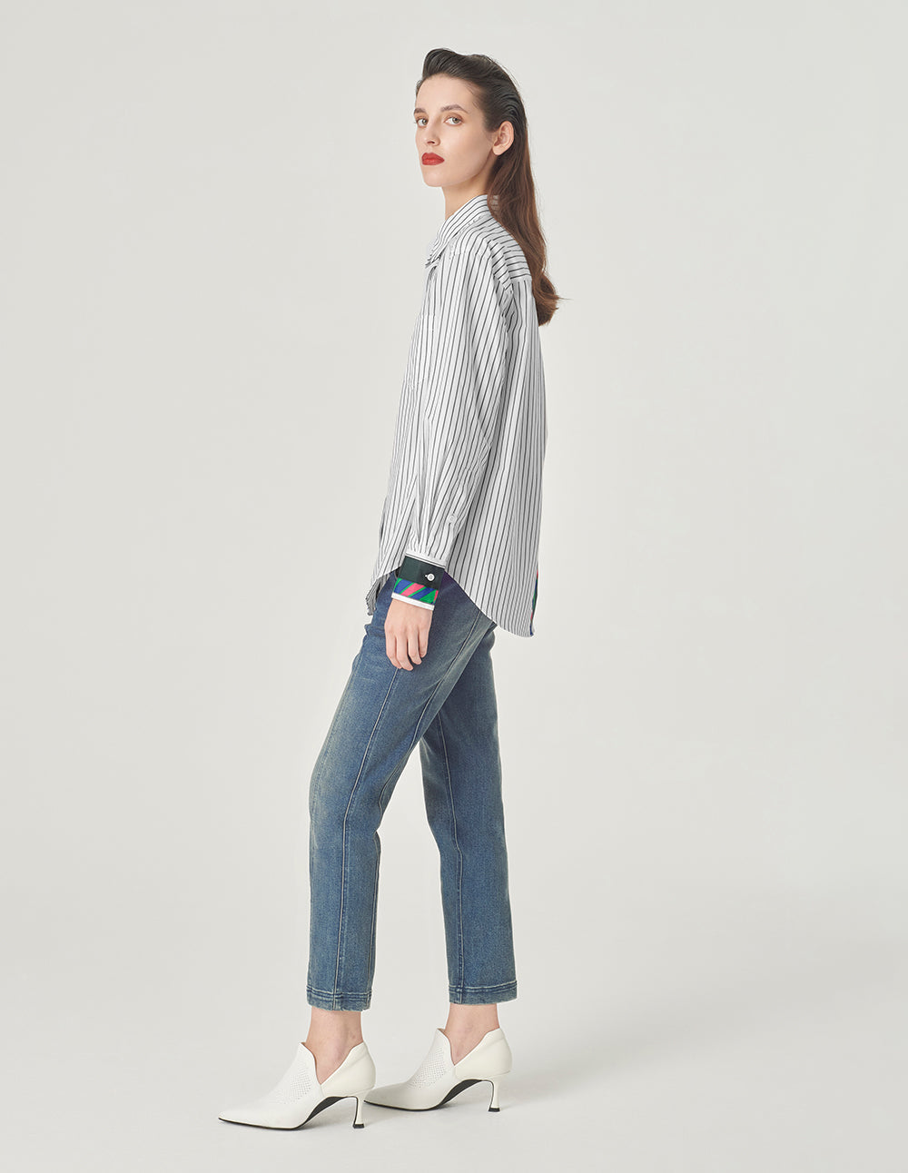 MARYLING Pinstriped Colorful Webbing Cotton Blouse