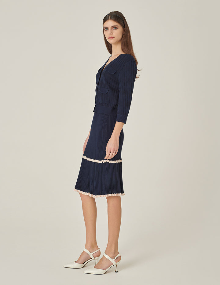 MARYLING Dark Blue V-Neck Two-Color Knitted Cardigan