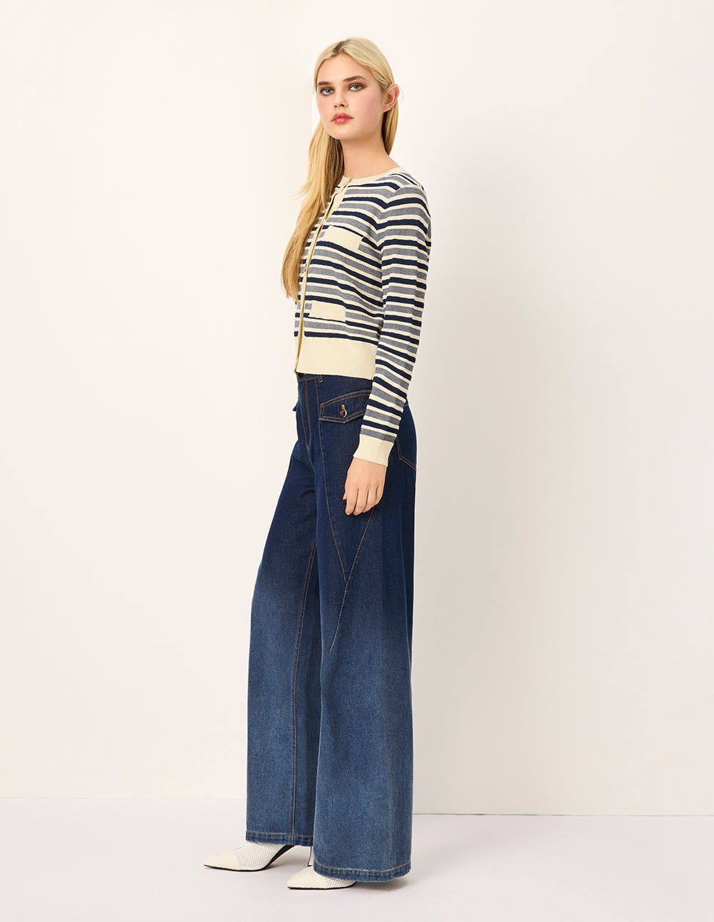 MARYLING Round Neck Long Sleeve Striped Mutil-Pockets Cardigan