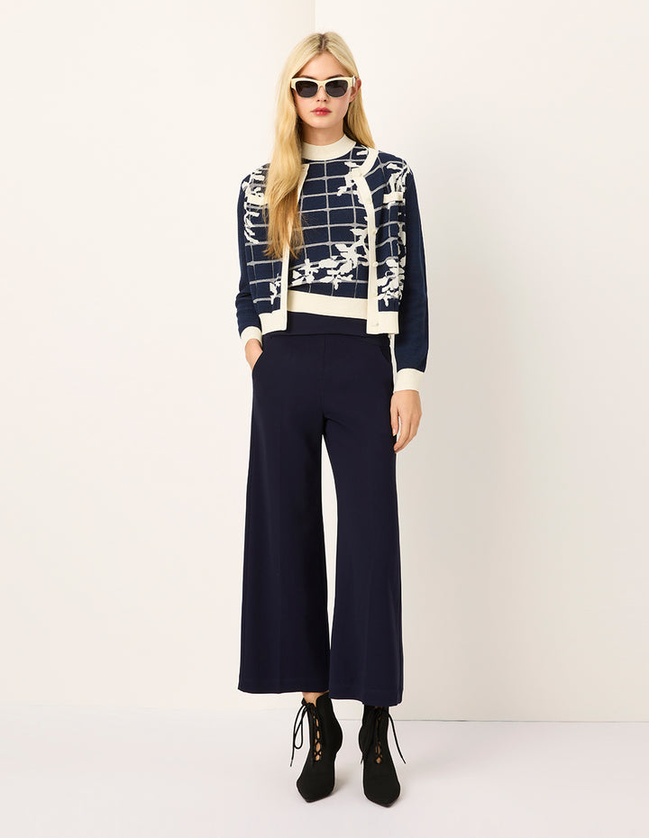 MARYLING Round-Neck Long-Sleeve Color Block Striped Flora Embroidered Knit Cardigan