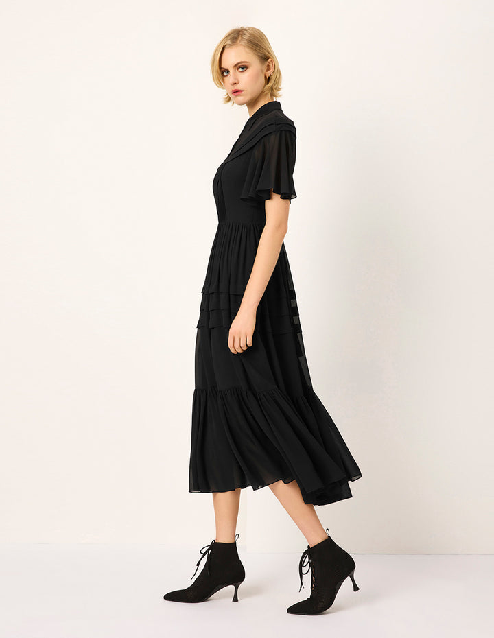 MARYLING Lapel Sheer Overlay Ruffled Short-Sleeve Pin-Tuck Empire-Waist Pleated Midi Dress