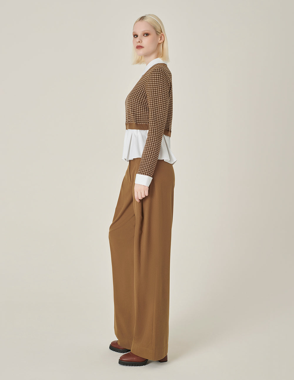 MARYLING Camel Checkered Patchwork Knit Blouse