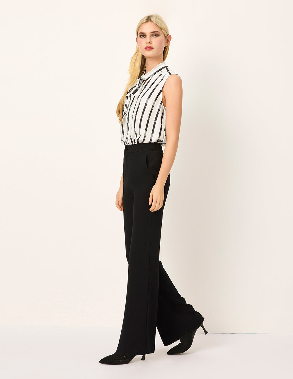 MARYLING Tie Neck Sleeveless Striped Asymmetric Top
