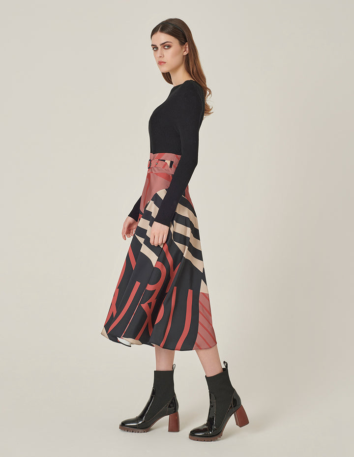 MARYLING Round-Neck Long-Sleeve Knitted Printed Pleated Midi Dress