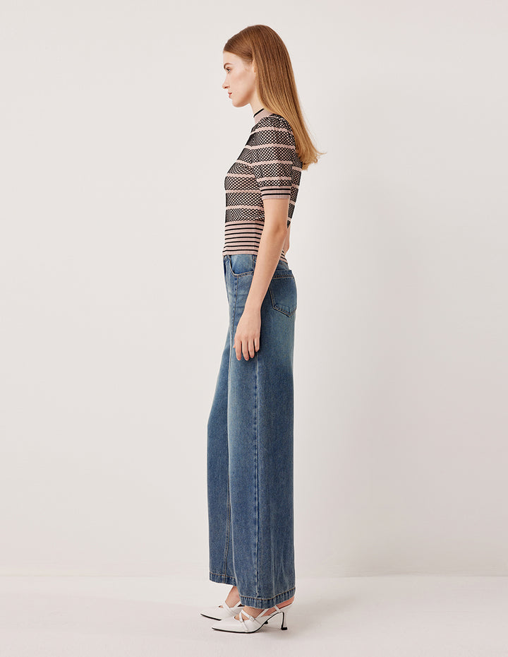 MARYLING Mock Neck Short Sleeve Lace Plaid Knit Pullover