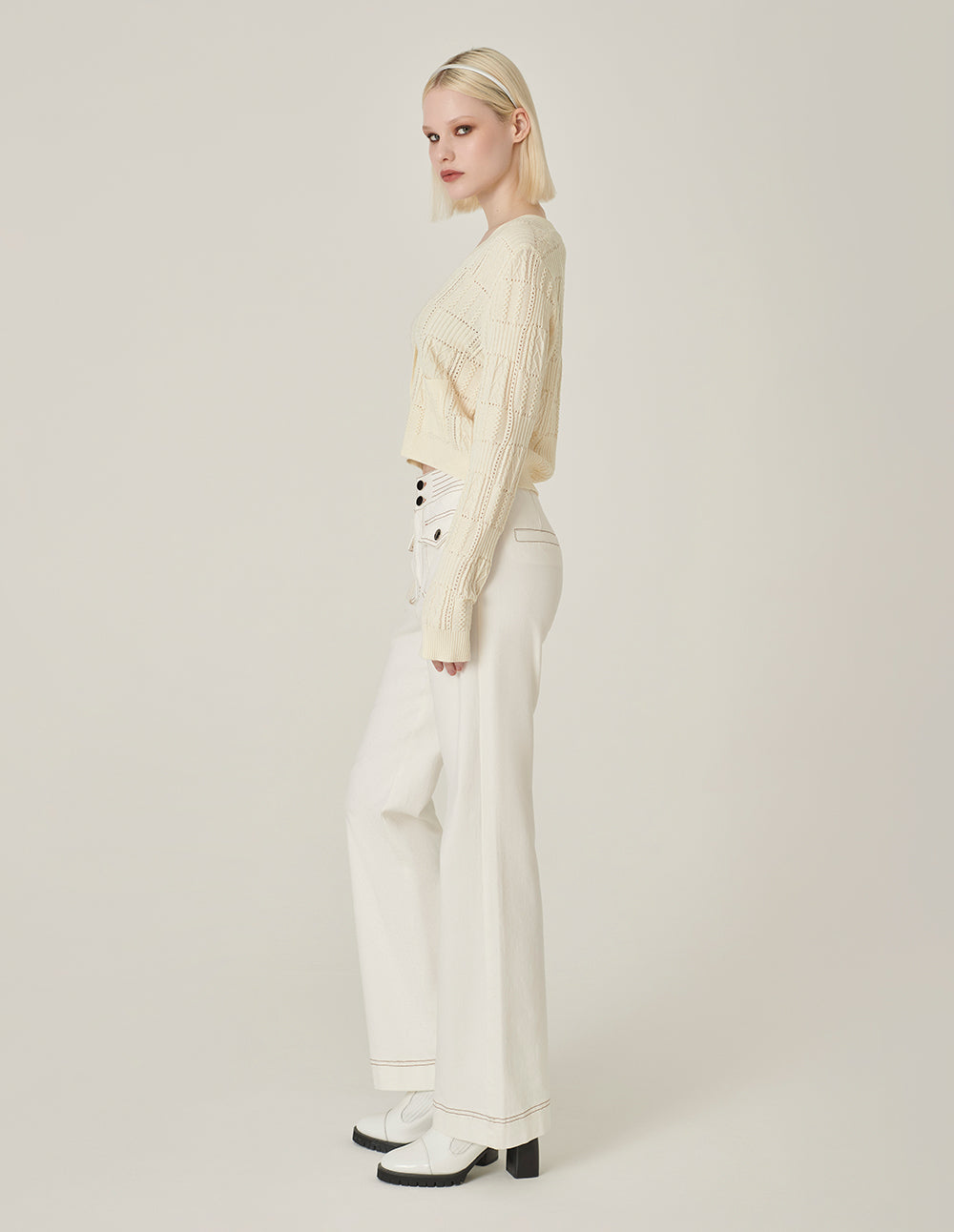 MARYLING Cream V-Neck French Knitted Cardigan