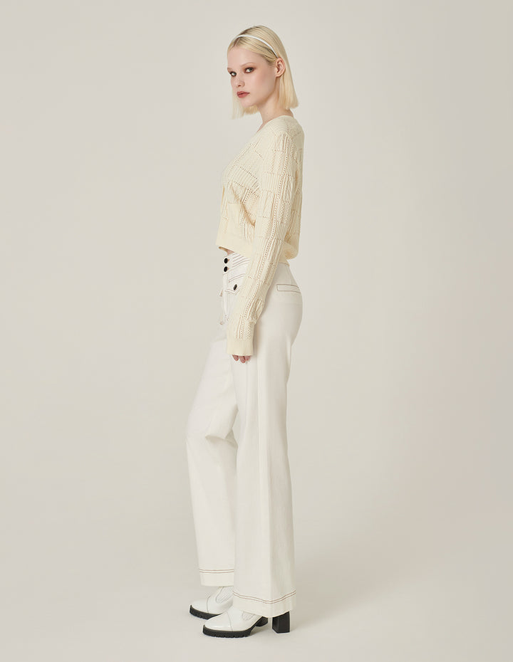 MARYLING Cream V-Neck French Knitted Cardigan