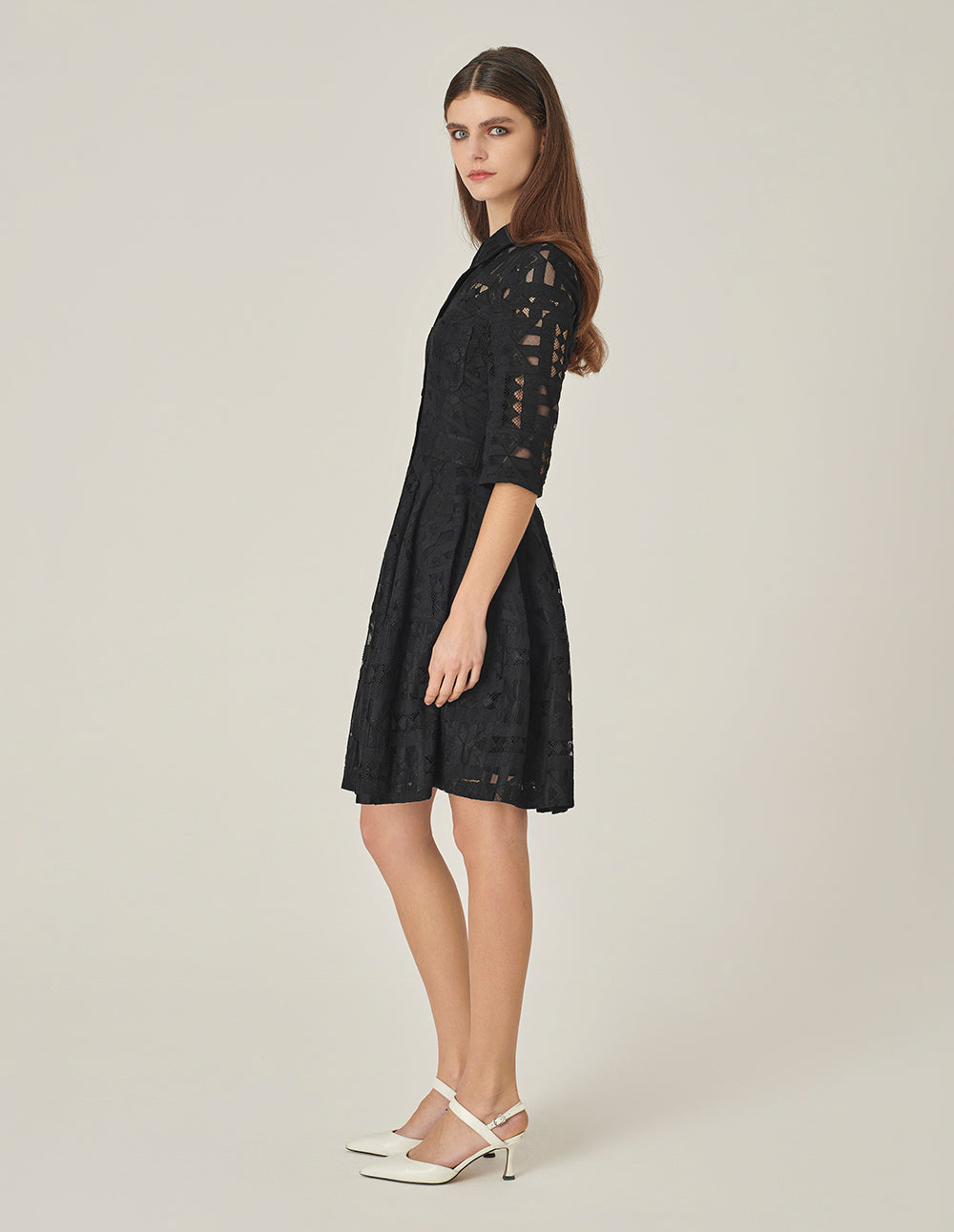 MARYLING Shirt Collar Half-Sleeve Black Lace Dress