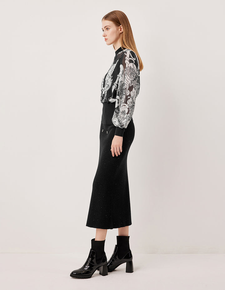 MARYLING Semi-High Neck Long Sleeve Paisley Pattern Top