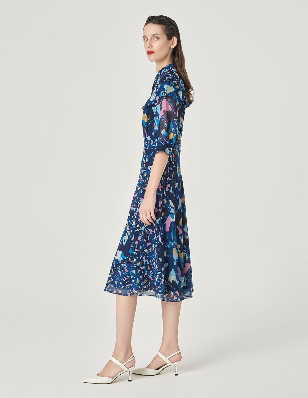 MARYLING Shirt Collar Printed Short Sleeves Midi Shirt Dress