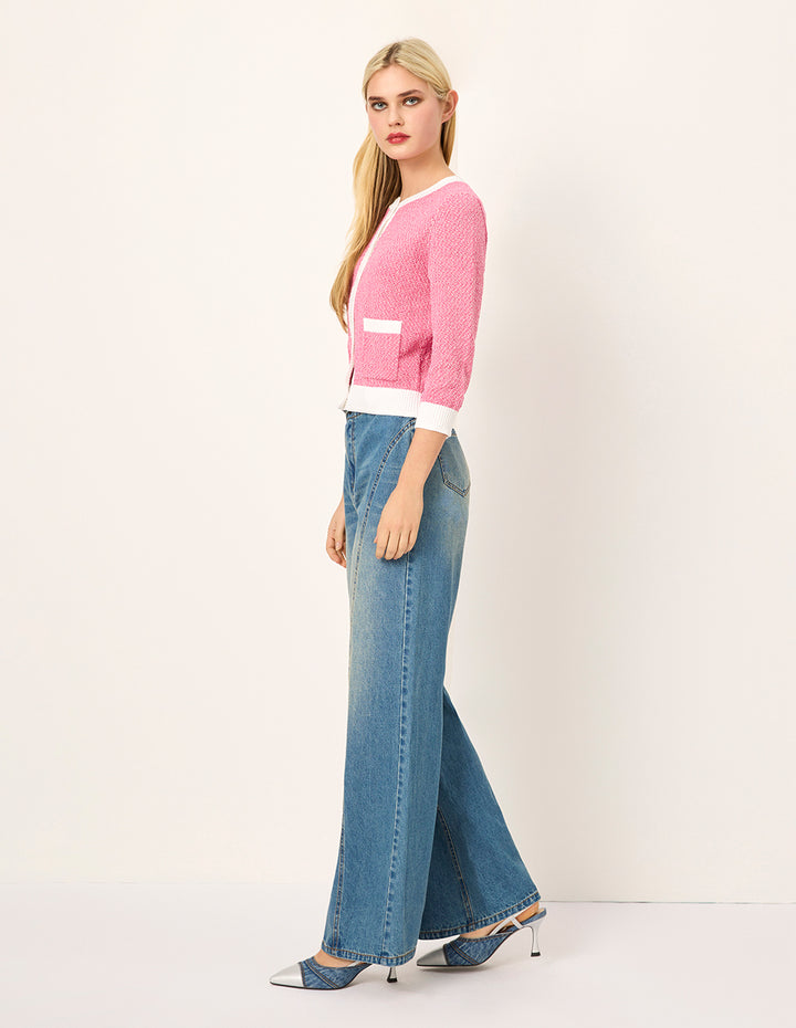 MARYLING Round Neck White Trim Long-Sleeve Knit Cardigan