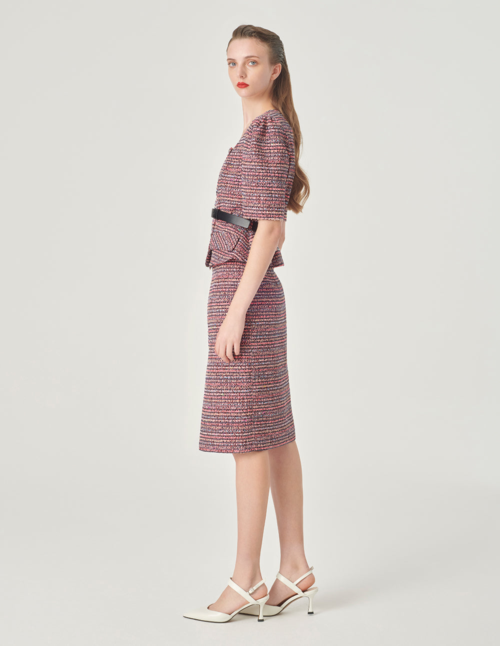 MARYLING Pink Striped Square Collar Tweed Jacket
