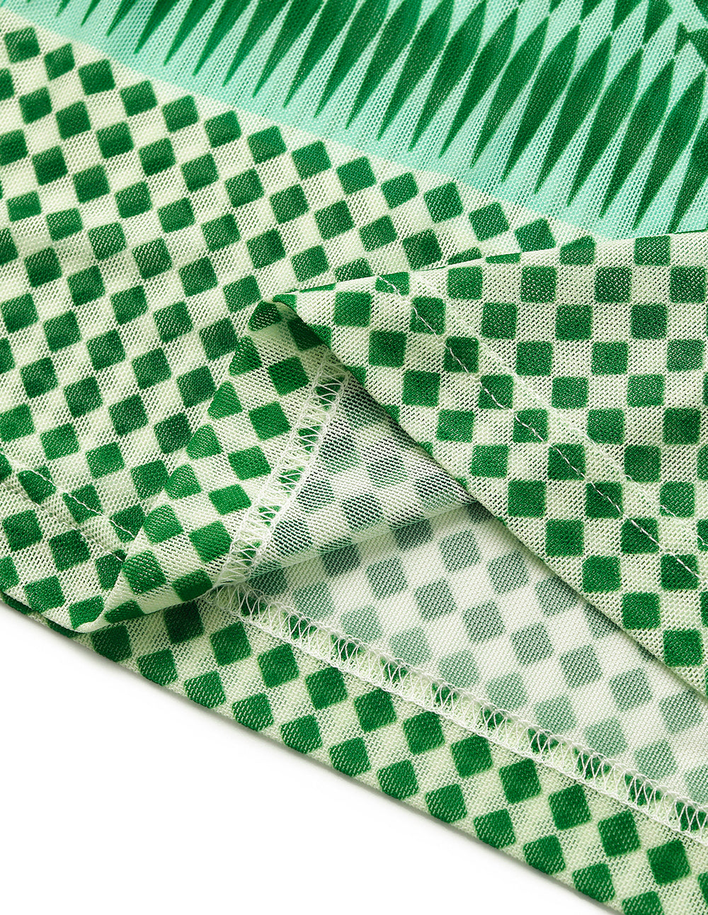 MARYLING Round-Neck Long-Sleeve Slim Green Gingham Art Print Top