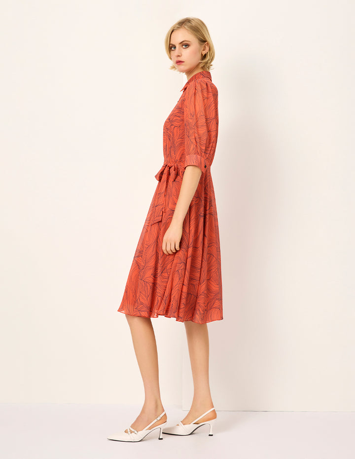 MARYLING Tie-Waist Floral Printed Short Sleeve Pleated Midi Shirt Dress