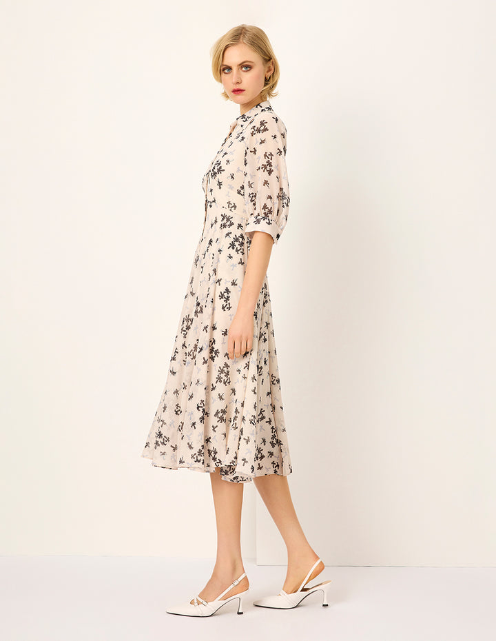 MARYLING Palm Tree Print Short Sleeve Pleated Midi Dress