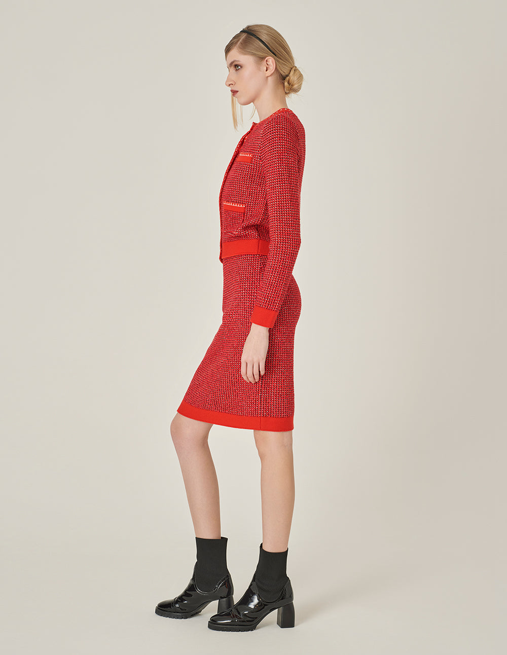 MARYLING Red Crewneck Four Pocket Knit Cardigan