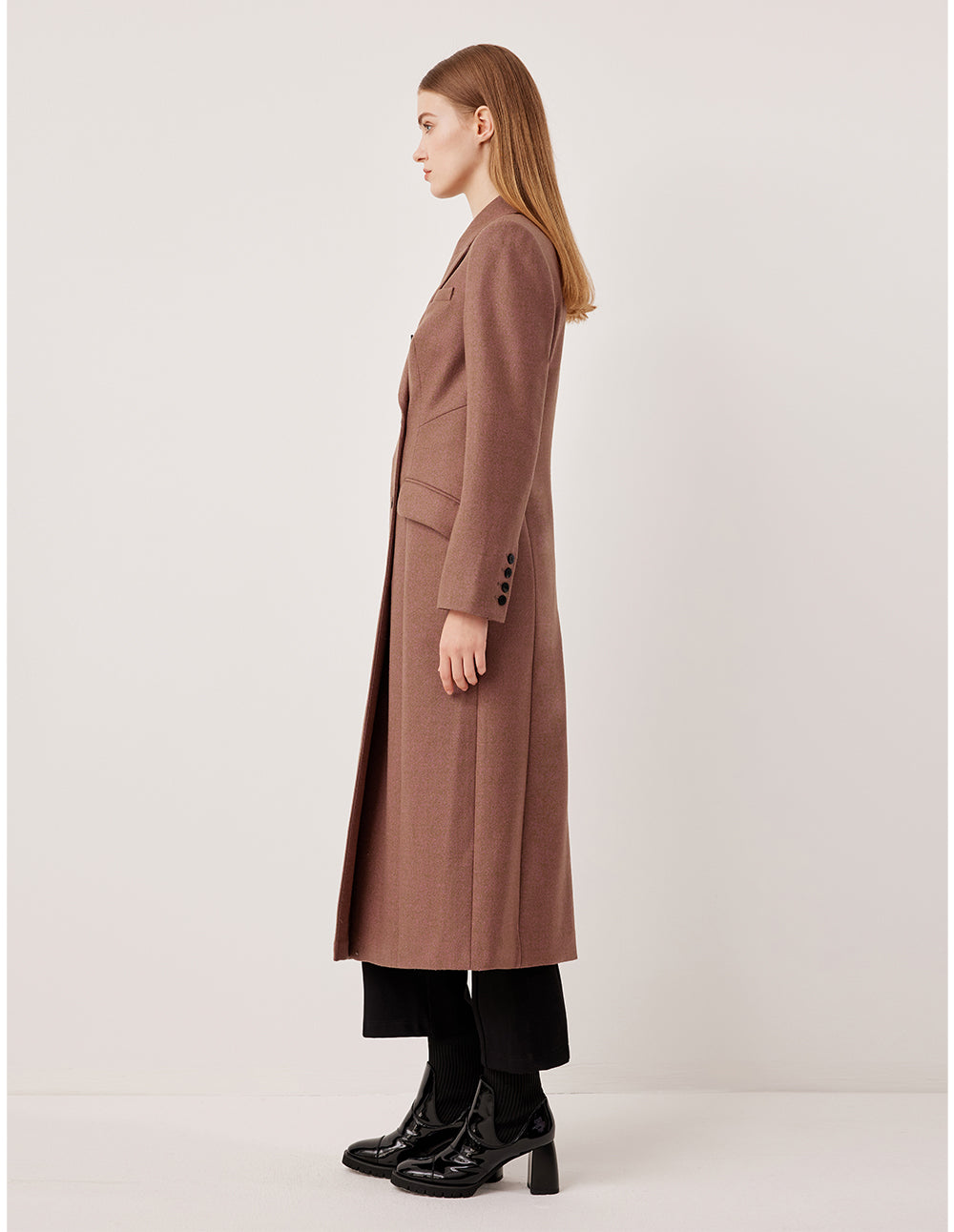 MARYLING Taupe Peak Lapel Double-Breasted Long Wool Coat