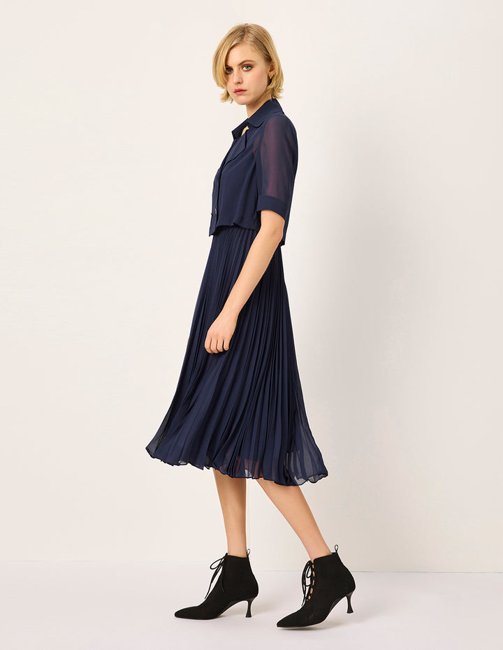 MARYLING Structured Collar Double-breasted Trench-Inspired Faux Two-Piece Pleated Midi Dress