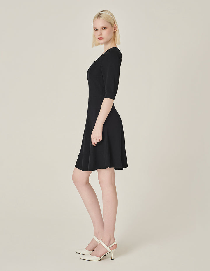 MARYLING Black V-Neck Mid-Sleeve Knitted Dress