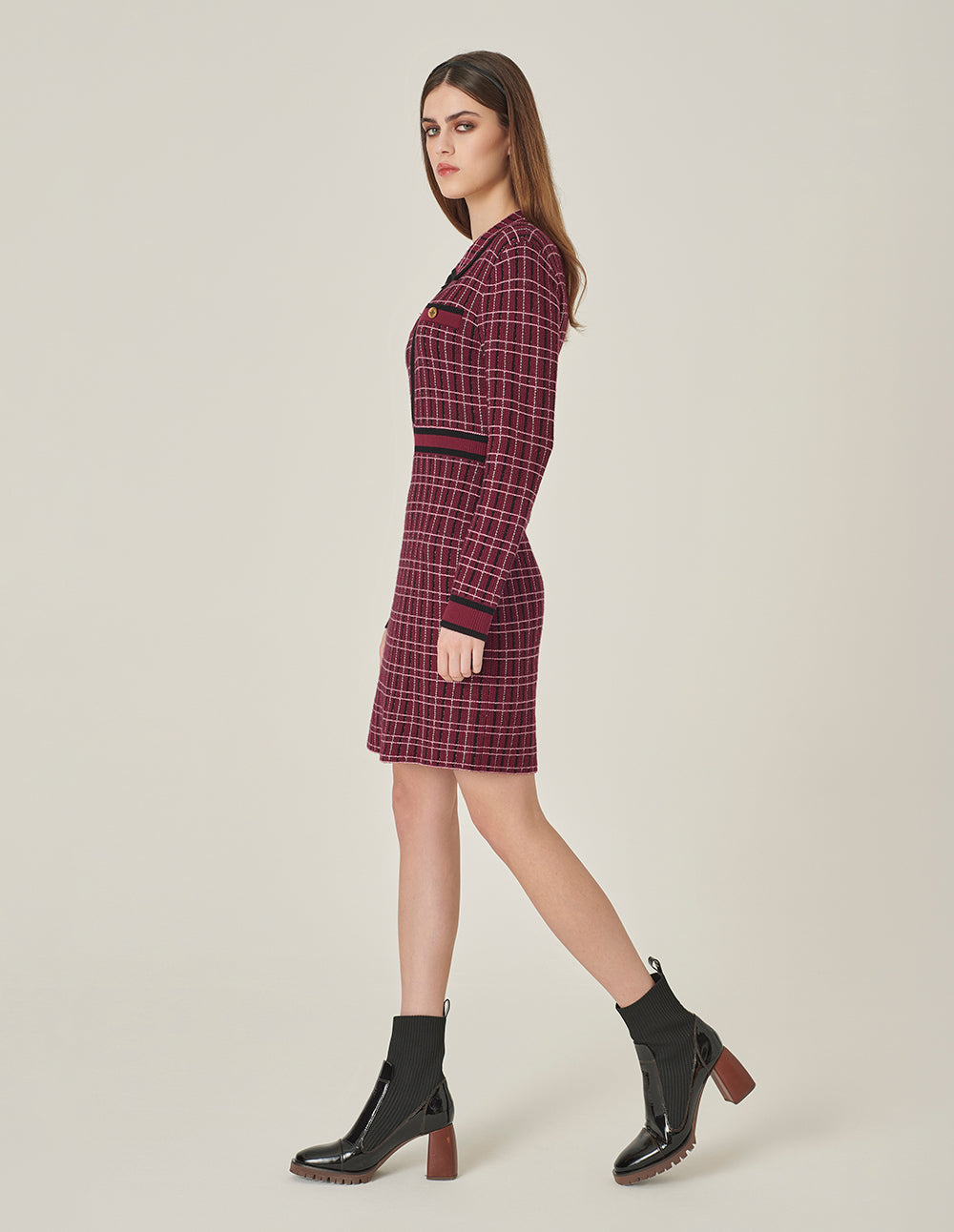 MARYLING Red & Black Plaid Long-Sleeve Imitation Tweed A-Line Knitted Midi Dress