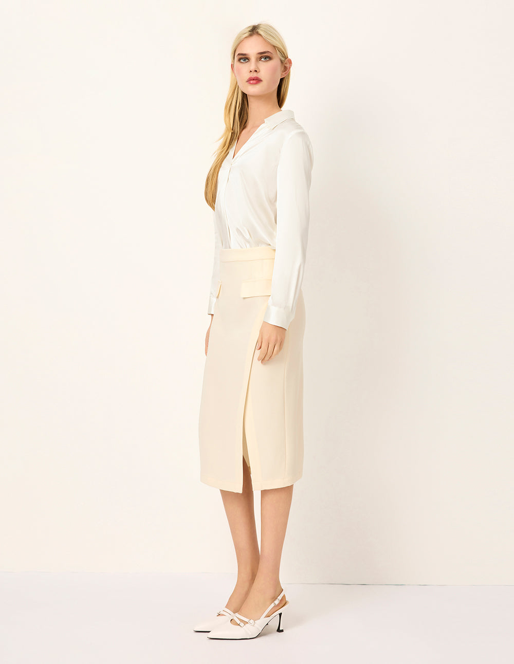 MARYLING Cream  Straight Knee-Length Slit Skirt