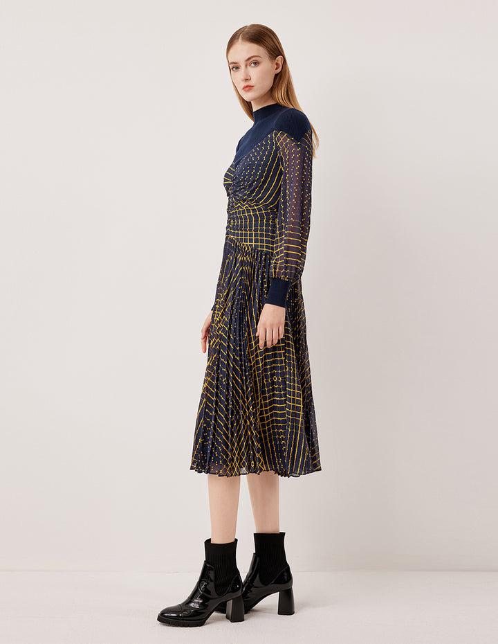 MARYLING Round Neck Knit Patchwork Plaid Pleated Midi Dress
