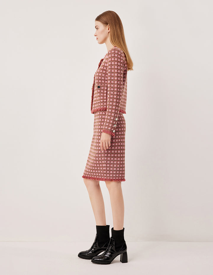 MARYLING Round Neck Long Sleeve Plaid Double-Breasted Knit Cardigan