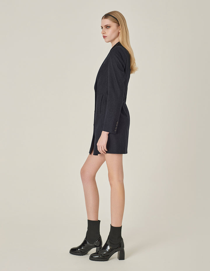 MARYLING Navy Striped Double-Breasted Long Trench Blazer