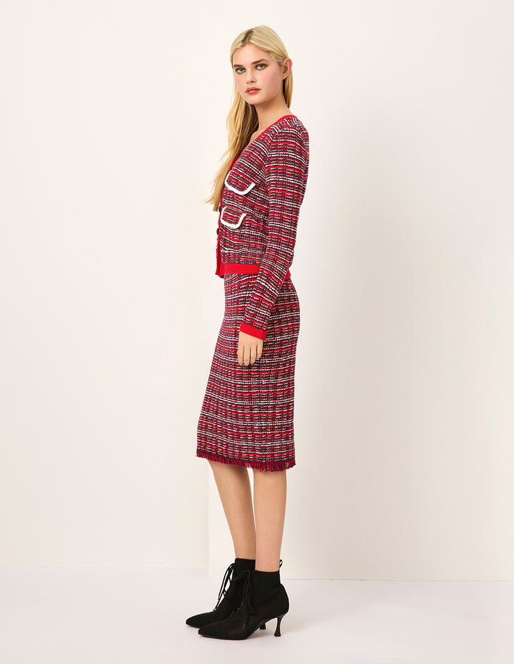 MARYLING V-Neck Red & White Checkered Tweed Multi-Pockets Knit Cardigan