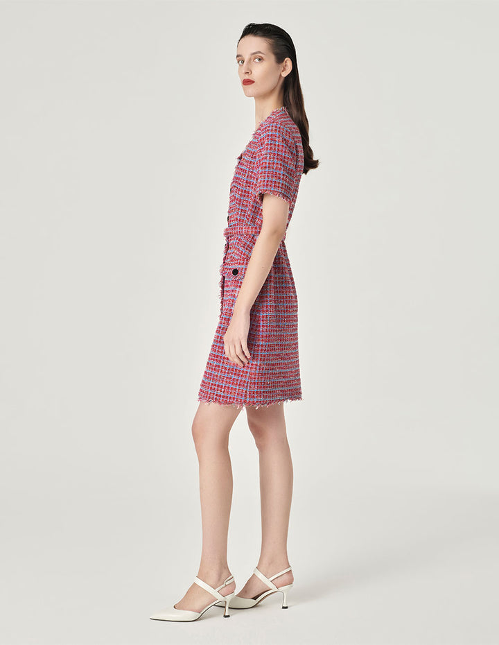 MARYLING Powder Blue Plaid Tweed Short-Sleeved Dress