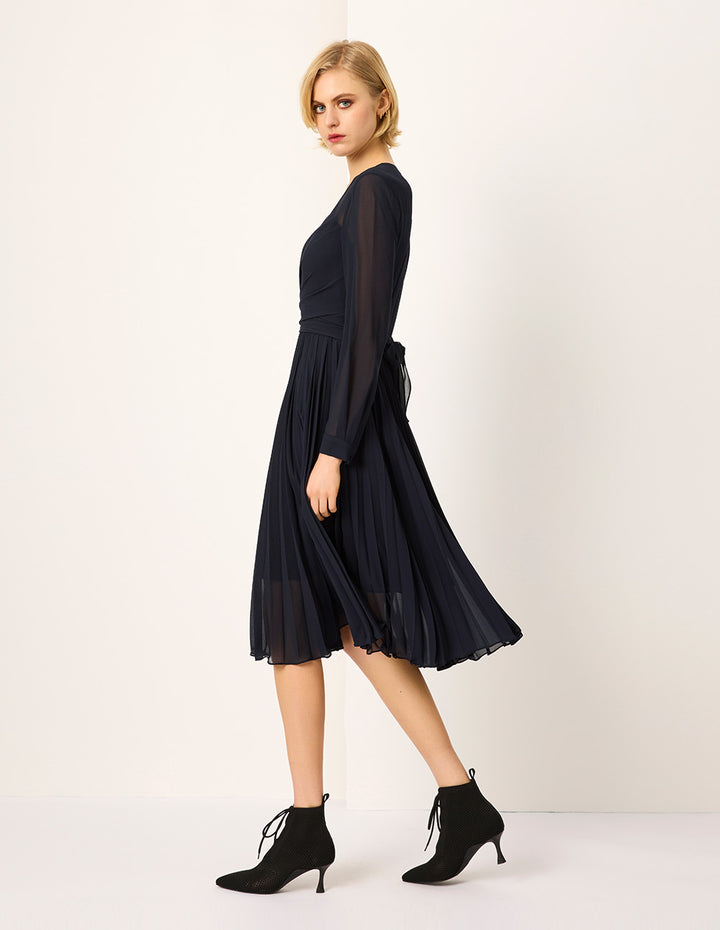 MARYLING V-Neck Long-Sleeve Wrap Tie-Waist Pleated Midi Dress