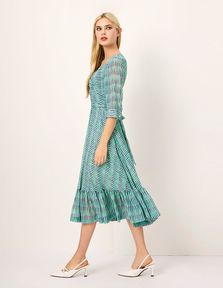 MARYLING Diamond Neck Cross Empire-Waist Striped-Print Flounce Midi Dress