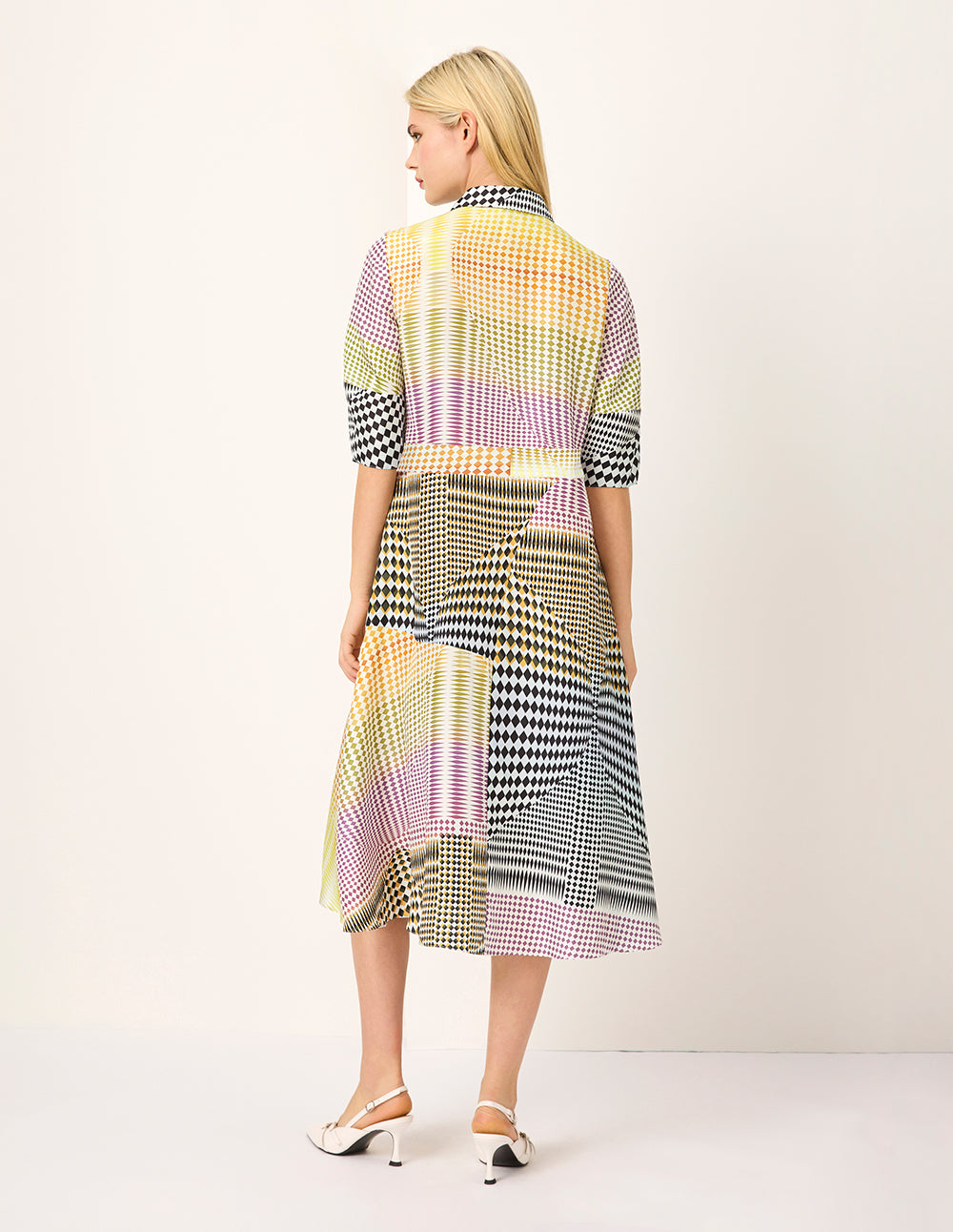 MARYLING Color Block Rhombus Print Short Sleeve Midi Shirt Dress