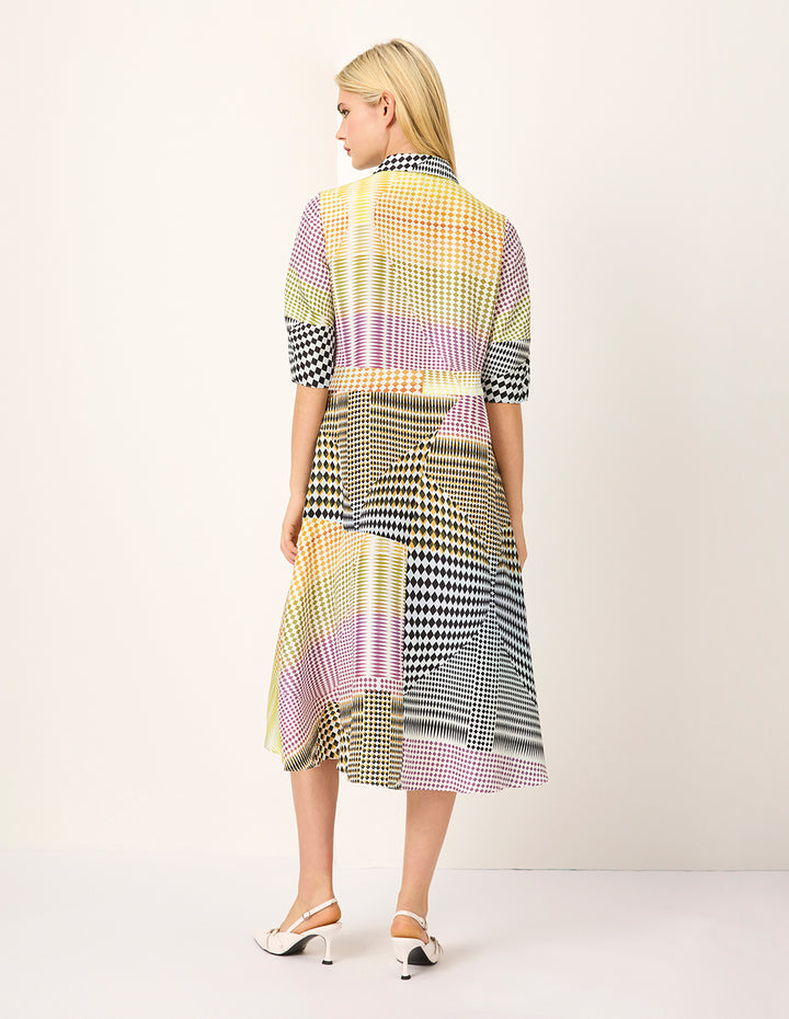 MARYLING Color Block Rhombus Print Short Sleeve Midi Shirt Dress
