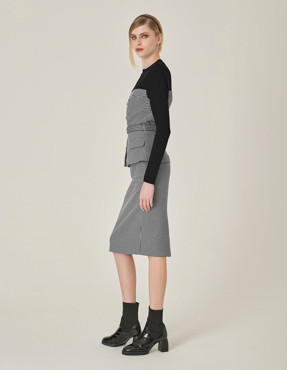 MARYLING Houndstooth Patchwork Knitted Top With Belt