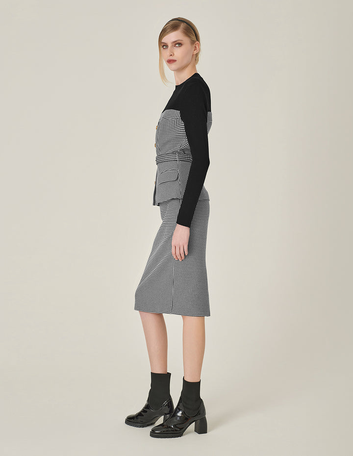 MARYLING Houndstooth Patchwork Knitted Top With Belt