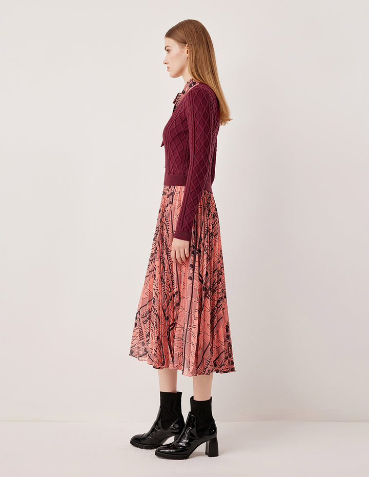 MARYLING Ruffled Turtleneck Tie-Up Printed Patchwork Pleated Knit Midi Dress