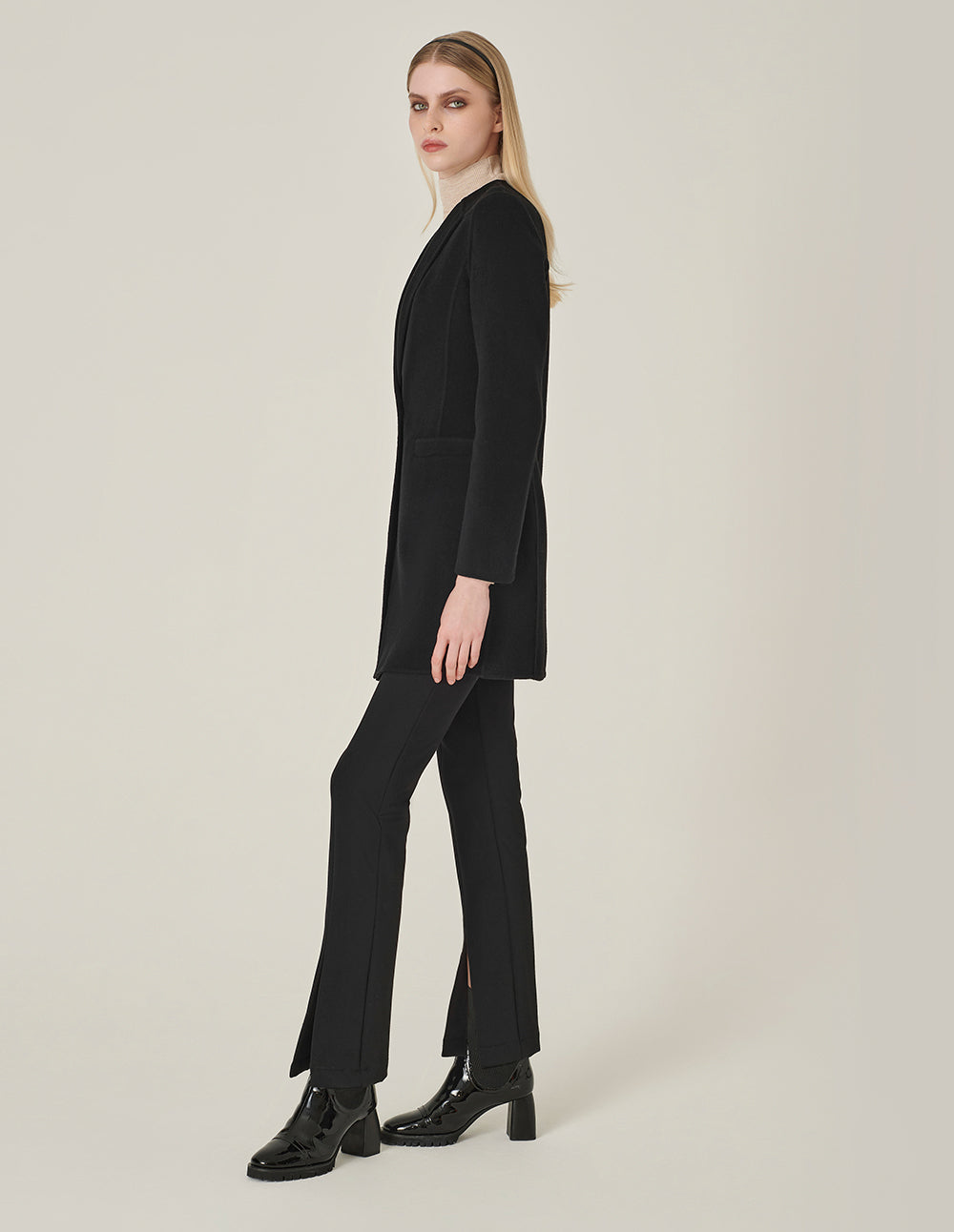 MARYLING Black V-Neck Single-Breasted Silk-Wool Coat