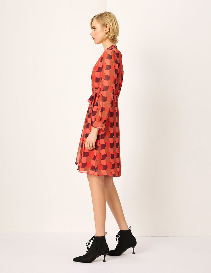 MARYLING Red Houndstooth Wrap Printed Midi Dress